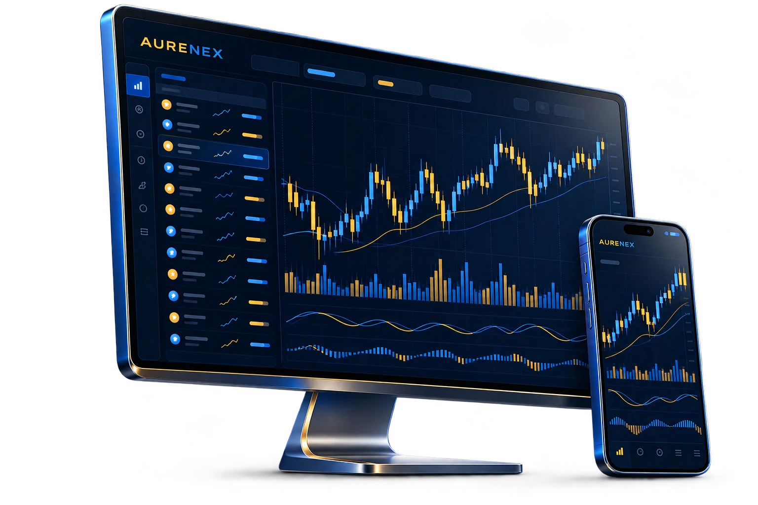 Three-dimensional illustration of Aurenex trading screens on desktop and mobile
