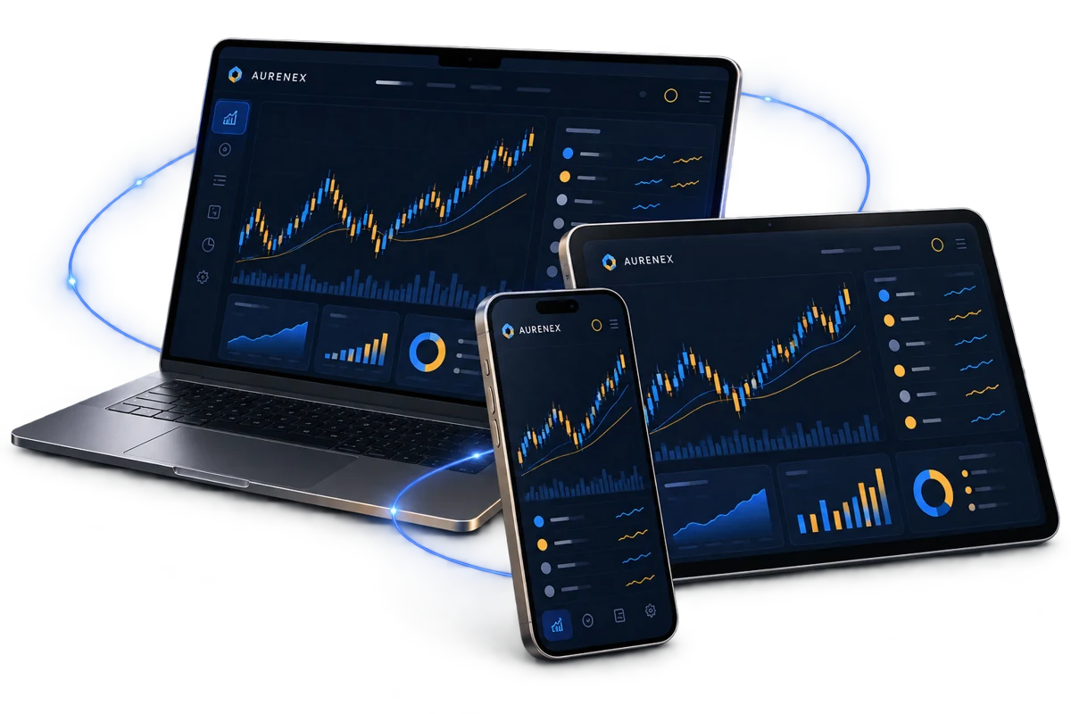 Illustrative Aurenex platform on laptop, tablet and smartphone