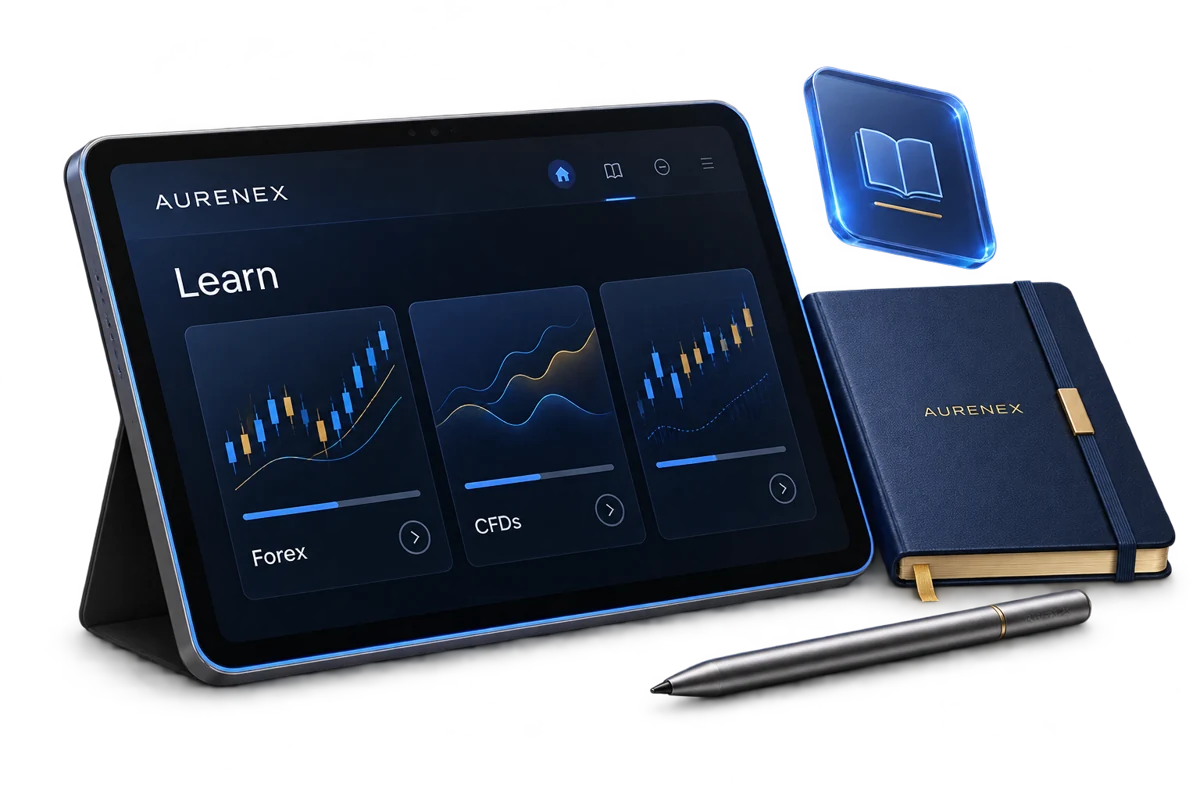 Illustrative Aurenex learning library with tablet, notebook and stylus