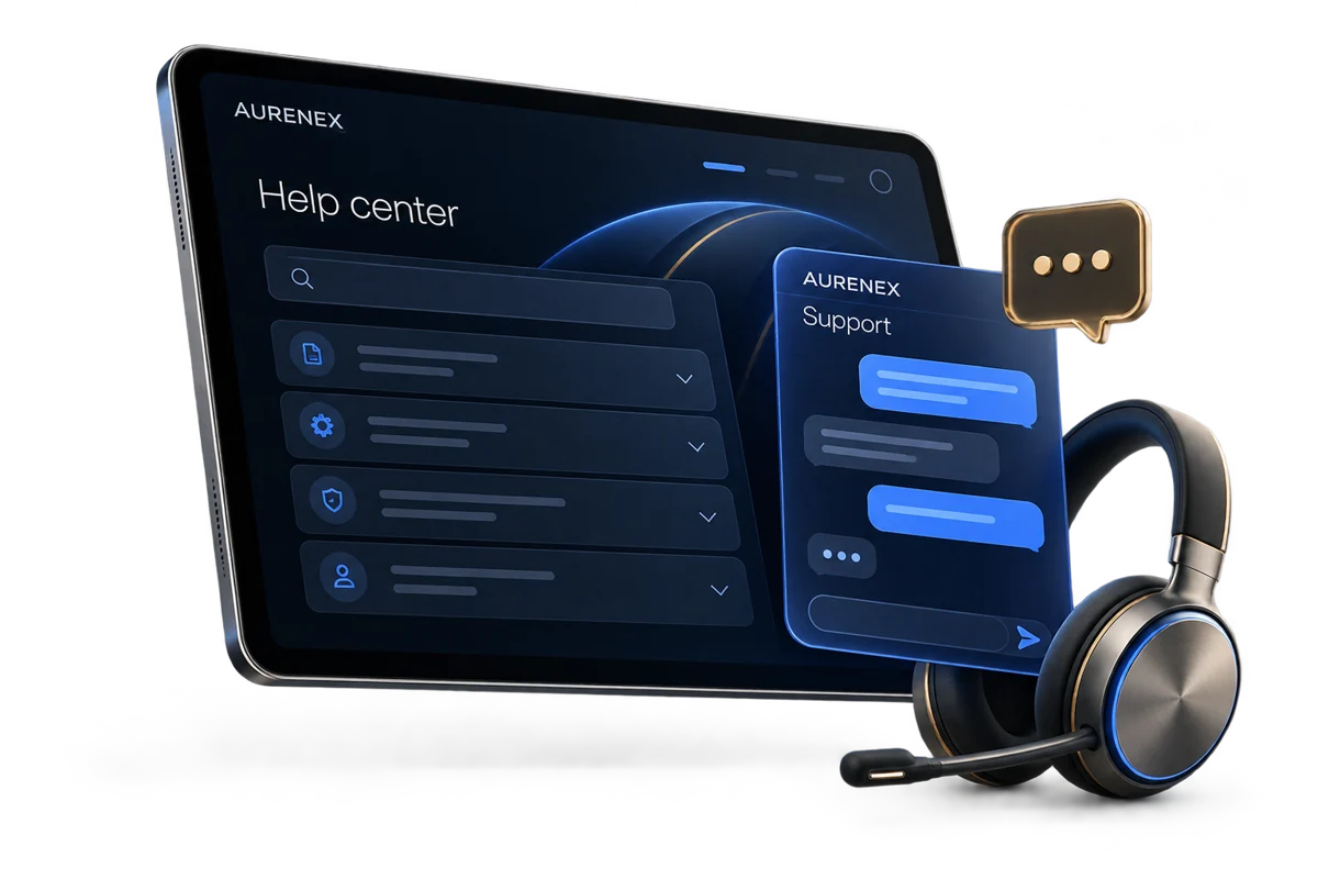 Illustrative Aurenex help center with chat panel and headset