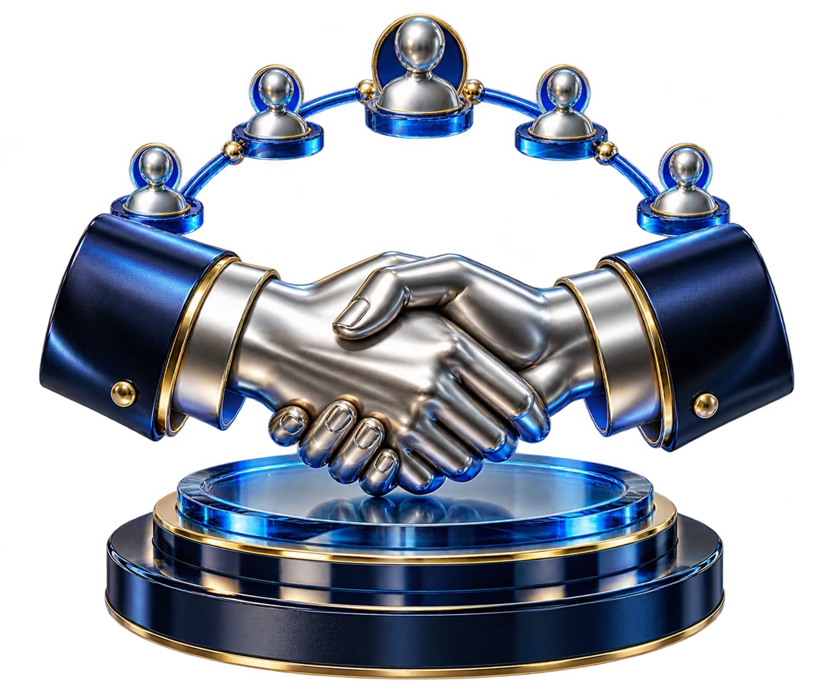Silver handshake and a connected partner network in Aurenex blue and gold